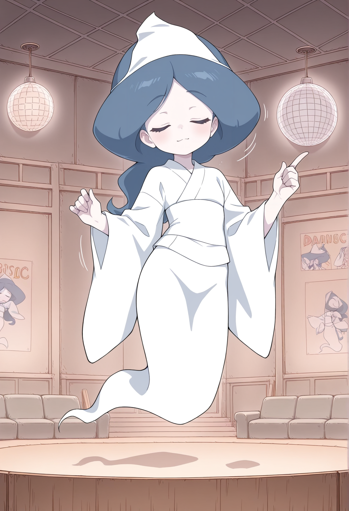 1girl, solo, transparent, monster girl, ghost tail, triangular headpiece, long hair, blue hair, parted bangs, blue eyes, pale skin, japanese clothes, obi, long sleeves, wide sleeves, dancing, motion lines, pointing up, closed eyes, indoors, disco, disco ball, club  <lora:ghost_girl_moses:1>, masterpiece, best quality, amazing quality, very aesthetic, absurdres, highres, newest