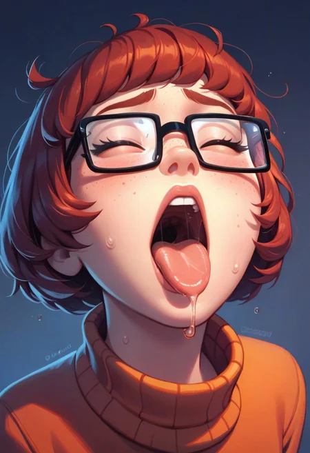 score_9, score_8_up, score_7_up, score_6_up, score_5_up, score_4_up, 1girl, Velma dinkley, square glasses with blue lenses, freckles, messy bob cut, blushing, sweat, close up of face looking up out of panel, eyes slightly closed, drool, mouth open with tongue out, dark background, orange turtleneck