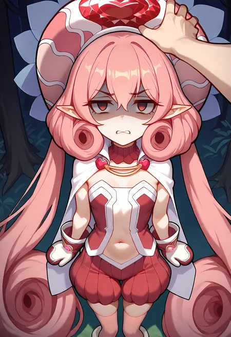 pov,front view,from_above,pov hand on head,masterpiece,best quality,newest,absurdres,highres,1girl,solo,petite,neneka \(princess connect!\),shaded_face,disgust,standing,pink headwear,red shirt,strapless shirt,mittens,white cape,pink_thighhighs,puffy shorts,red shorts,navel,looking_at_viewer,<lora:ponyv4_noob1_2_adamW:1>,<lora:add-detail-xl:1>,<lora:Expressive_H:1>,<lora:StS_detail_slider_v1>,<lora:hand 5.5:1>,<lora:age_slider_v4:-1>,<lora:_neneka_pcr-elesico-ponyr1:1>,forest,