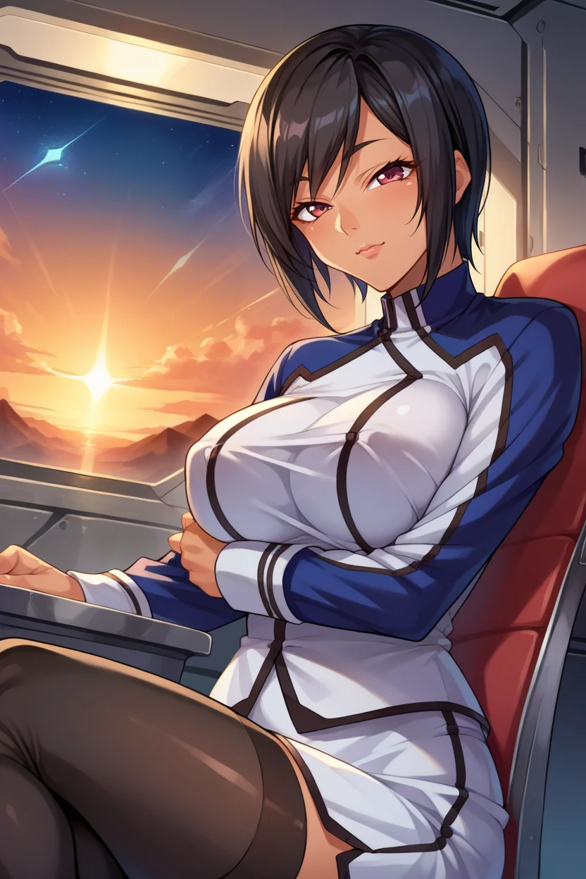 score_9, score_8_up, score_7_up, score_6_up, source_anime, BREAK 1girl, solo, <lora:naomievans-pdxl-nvwls-v1-000005:1> pbNaomi, tan, black hair, blue and white uniform, long sleeves, white skirt, large breasts, black thighhighs, big breasts, space station, indoors, sitting, chair, looking at you, light smile