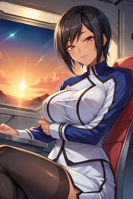 score_9, score_8_up, score_7_up, score_6_up, source_anime, BREAK 1girl, solo, <lora:naomievans-pdxl-nvwls-v1-000005:1> pbNaomi, tan, black hair, blue and white uniform, long sleeves, white skirt, large breasts, black thighhighs, big breasts, space station, indoors, sitting, chair, looking at you, light smile