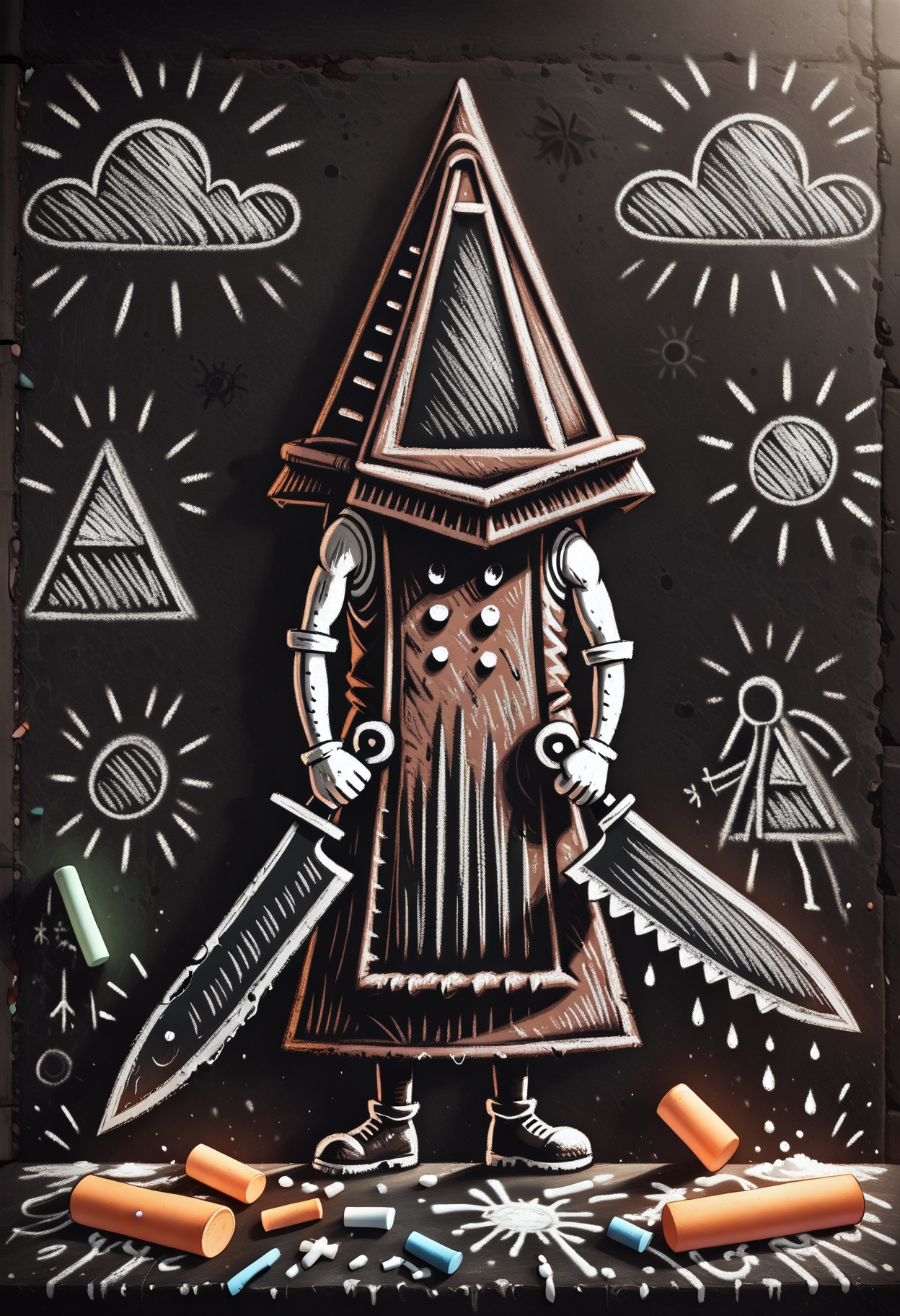 ch4lkdr4w, chalk drawing, highly-detailed, best quality, masterpiece,  very aesthetic, 1boy, Pyramid Head (Silent Hill), holding absurdly large knife, , chalk, black background