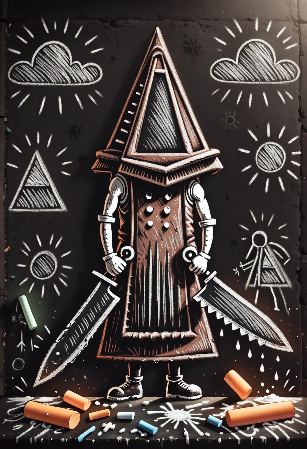 ch4lkdr4w, chalk drawing, highly-detailed, best quality, masterpiece, very aesthetic, 1boy, Pyramid Head (Silent Hill), holding absurdly large knife, , chalk, black background