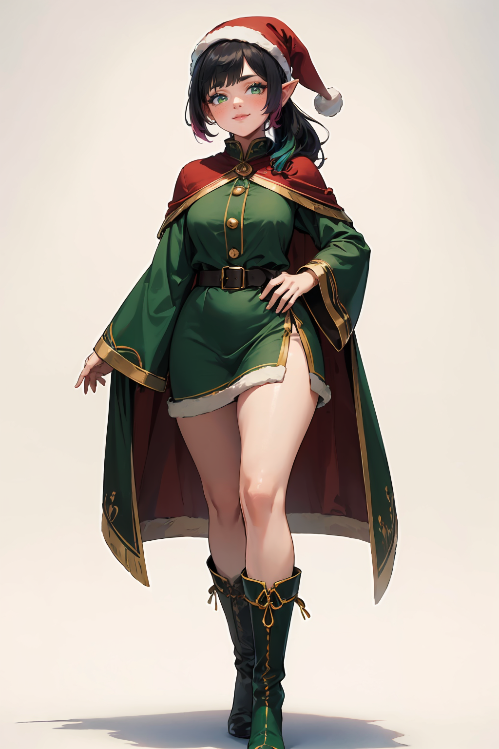 (masterpiece, best quality, highres, high resolution:1.2), extremely detailed, intricate details, 1girl, solo, looking at viewer, clamEmma, <lora:clamEmma:0.6>, (simple background, white background:1.2), full body, santa's elf, green outfit, stocking cap, high heel boots, smile, side-swept bangs, black hair, pink IncursioDipDyedHair, messy mid ponytail, green eyes, thick eyebrows, freckles, <lora:DipDyedHair:0.8>, <lora:weight_slider_v2:0.25>, (cinematic lighting, bloom, volumetric)