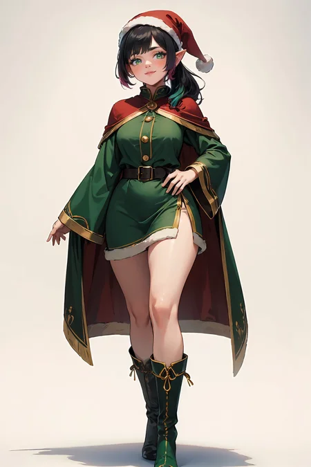 (masterpiece, best quality, highres, high resolution:1.2), extremely detailed, intricate details, 1girl, solo, looking at viewer, clamEmma, <lora:clamEmma:0.6>, (simple background, white background:1.2), full body, santa's elf, green outfit, stocking cap, high heel boots, smile, side-swept bangs, black hair, pink IncursioDipDyedHair, messy mid ponytail, green eyes, thick eyebrows, freckles, <lora:DipDyedHair:0.8>, <lora:weight_slider_v2:0.25>, (cinematic lighting, bloom, volumetric)