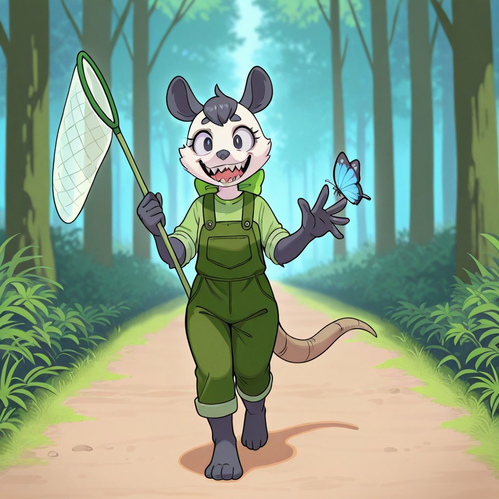 Lily(PP), Solo, 1girl, anthro, female furry, Possum, virginia opossum, white and black fur, black hair, short hair, black eyes, black ears, black nose, possum tail, full body, green shirt, green overalls, Green neckbow, holding butterfly net, walking, forest background, smiling, sharp teeth, excited look,