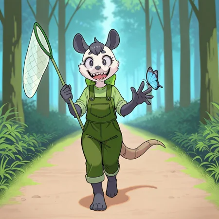Lily(PP), Solo, 1girl, anthro, female furry, Possum, virginia opossum, white and black fur, black hair, short hair, black eyes, black ears, black nose, possum tail, full body, green shirt, green overalls, Green neckbow, holding butterfly net, walking, forest background, smiling, sharp teeth, excited look,