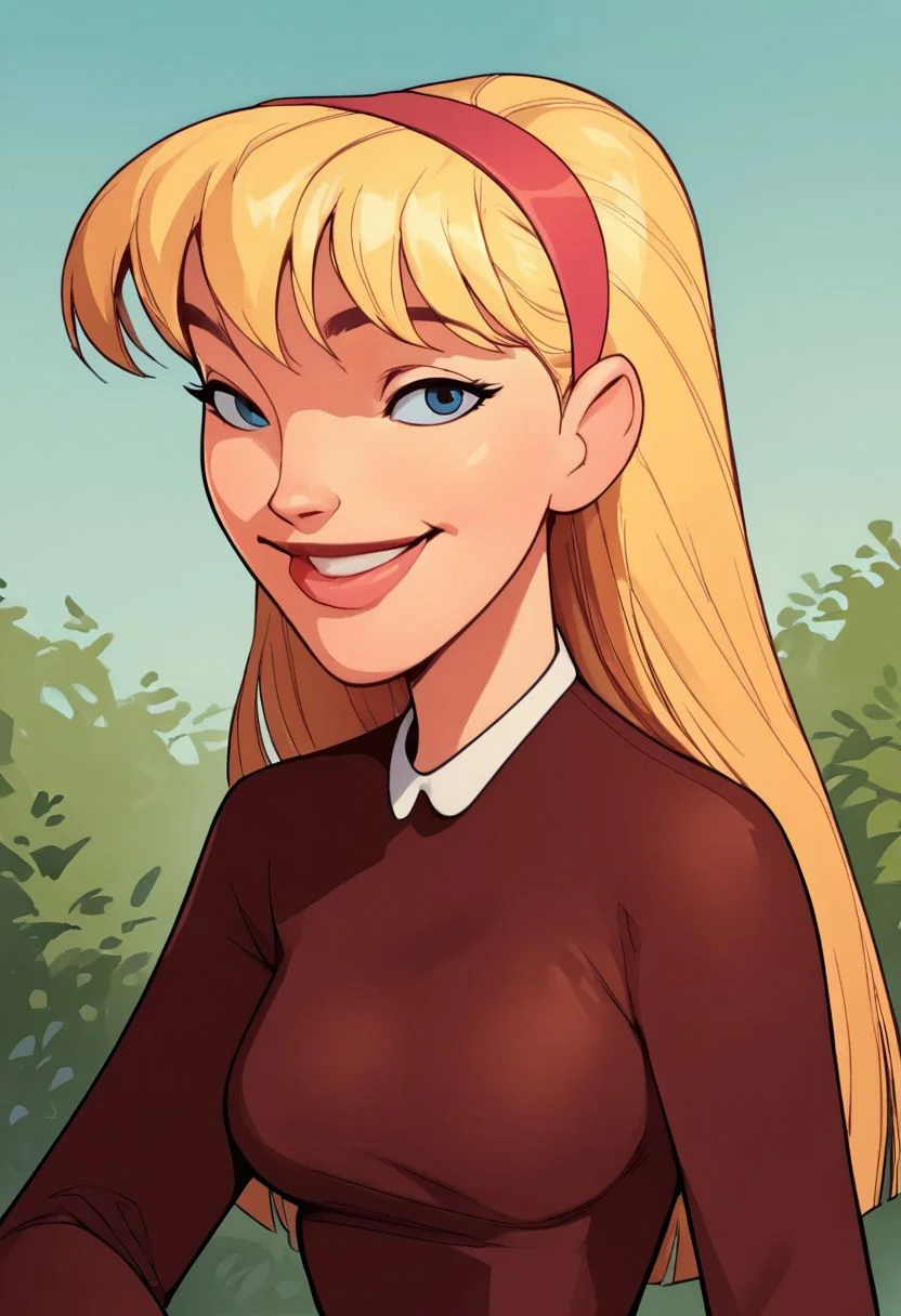 <lora:NatPony2.0:1> nat, thick lips, hairband, blonde hair, long hair, 1girl, solo, breasts, dress, smile, outdoors, looking at viewer, hand on own hip,long long sleeves,upper body, lips,  score_9, score_8_up, score_7_up, score_6_up, score_5_up, score_4_up