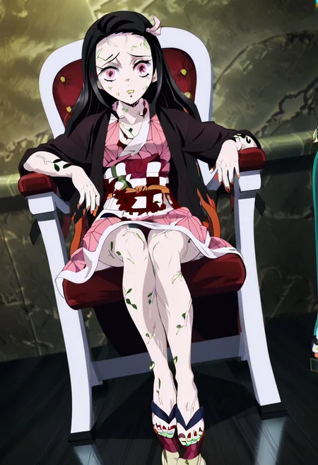 Perfect quality, hd, 4k, absurdres, Perfect face, perfect body, Nezuko, sitting in chair, pink kimono, perfect feet, perfect toes, spread toes, nail polish, sandals, cowboy shot, dutch angle, screencap, veins