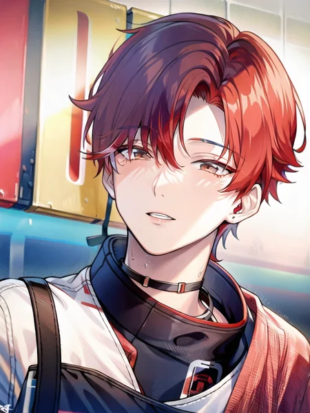 close-up Portrait of a young man , (urban streetwear:1.3), (red hair:1.2), <lora:Kpop Boy:0.8>