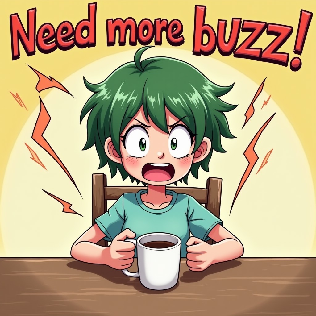 An anime-style image of a short, green-haired woman, eyes wide and visibly shaking with caffeine jitters, holding an empty mug in both hands. Empty mug, mug that is empty. Sitting at a wooden table. Her exaggerated, frantic expression and twitching movements are highlighted in bright, energetic colors. Text in bold, playful font says "Need more buzz!" with vibrant motion lines radiating from the cup and her figure.