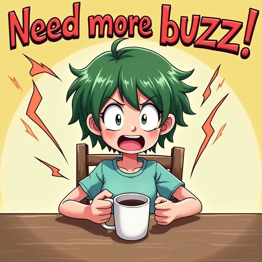 An anime-style image of a short, green-haired woman, eyes wide and visibly shaking with caffeine jitters, holding an empty mug in both hands. Empty mug, mug that is empty. Sitting at a wooden table. Her exaggerated, frantic expression and twitching movements are highlighted in bright, energetic colors. Text in bold, playful font says "Need more buzz!" with vibrant motion lines radiating from the cup and her figure.