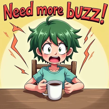 An anime-style image of a short, green-haired woman, eyes wide and visibly shaking with caffeine jitters, holding an empty mug in both hands. Empty mug, mug that is empty. Sitting at a wooden table. Her exaggerated, frantic expression and twitching movements are highlighted in bright, energetic colors. Text in bold, playful font says "Need more buzz!" with vibrant motion lines radiating from the cup and her figure.