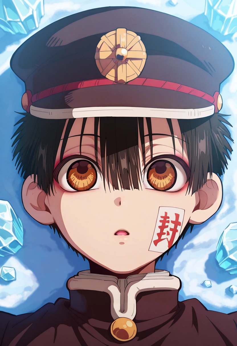 masterpiece, best quality, , (realistic:0.6), , 1boy, solo, male focus, <lora:hanako-kun_ilxl:0.92>, hanako-kun, black hair, brown eyes, short hair, hair between eyes, bangs, hat, black headwear, gakuran, ofuda, straight-on, cold, ice, day, lying, on back, speaking, talking,