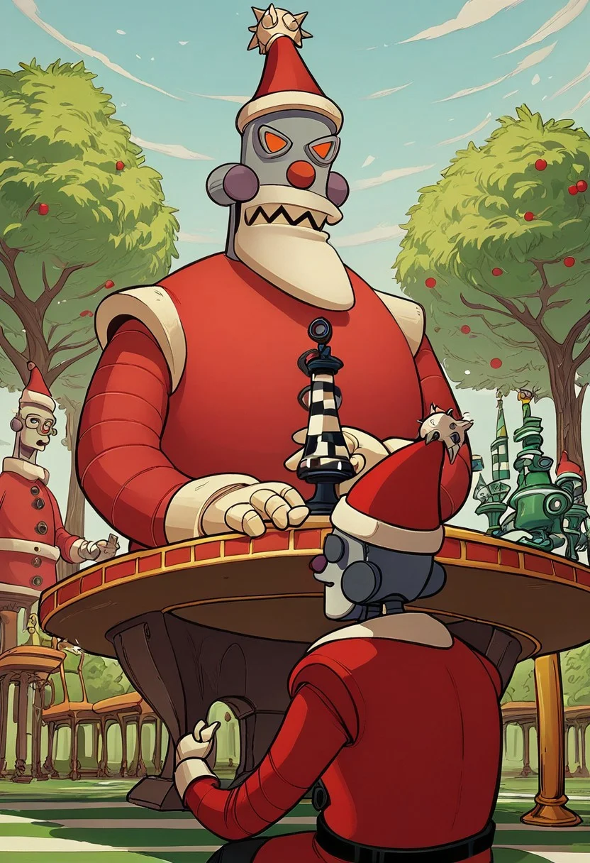 (score_9, score_8_up, score_7_up), masterpiece, dynamic camera angle, r0b0t_s4nta_c1aus, scene of robot santa playing chess in a park, BREAK,
robot santa, red hat, red santa suit, sitting at chess table in park, playing chess with robot elf, thinking, deep thought, wide angle shot, park in winter, best quality, highly detailed, 8k