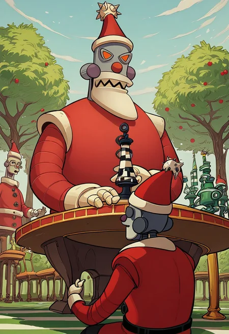 (score_9, score_8_up, score_7_up), masterpiece, dynamic camera angle, r0b0t_s4nta_c1aus, scene of robot santa playing chess in a park, BREAK,
robot santa, red hat, red santa suit, sitting at chess table in park, playing chess with robot elf, thinking, deep thought, wide angle shot, park in winter, best quality, highly detailed, 8k