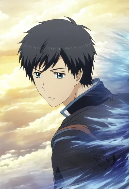 high resolution, solo, best quality, 1Boy, Arata Kaizaki, Black Hair, Blue Eyes, existential longing, fantasy background, strong wind, OverallDetail