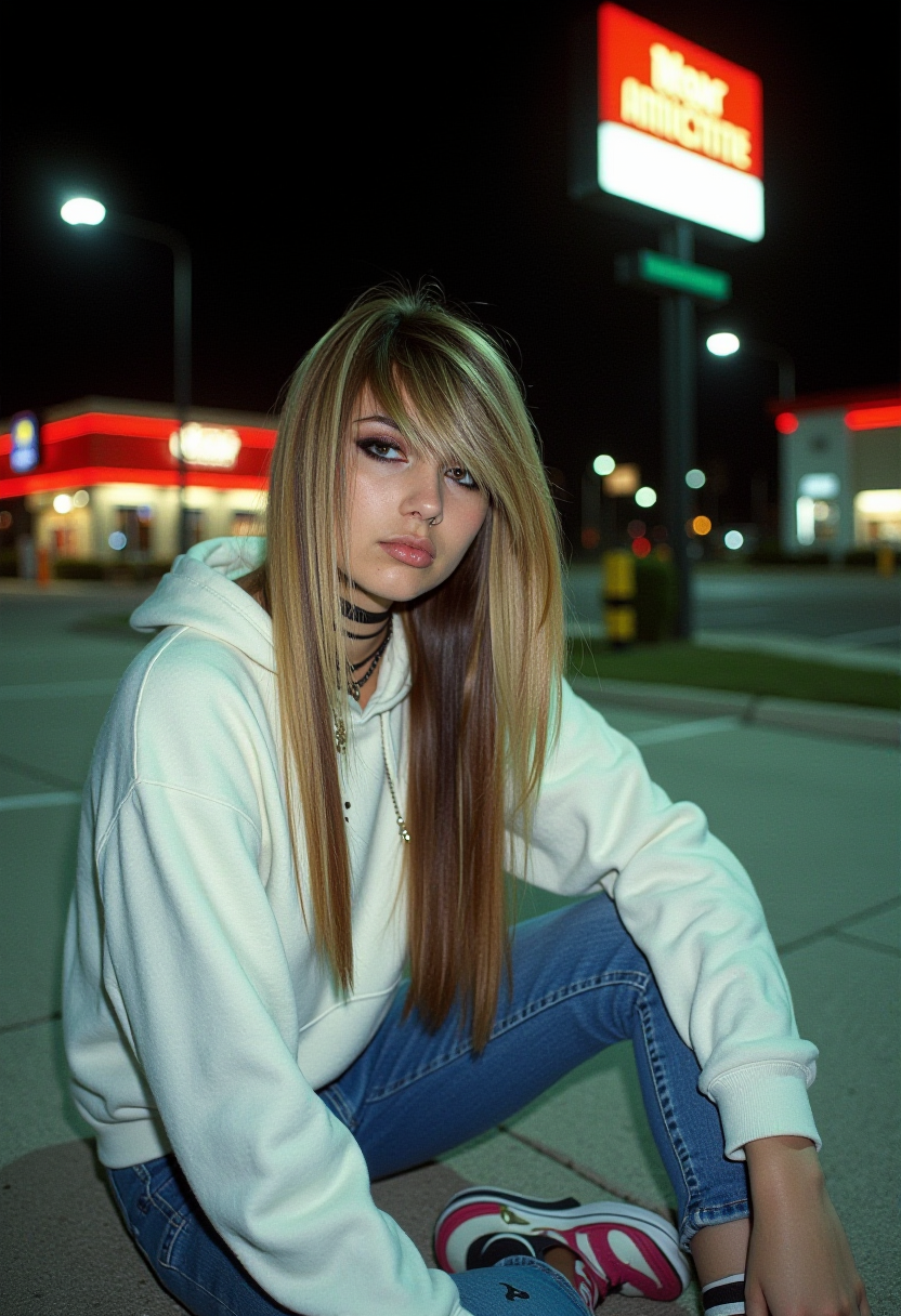 1990's amateur photograph of a scene young woman, long hair cut with long angled bangs that almost covers one of her eyes swept to the side light brown with blonde highlights, wearing choker and baggie hoodie, black eyeliner, wearing skinny jeans and colorful high top nike sneakers, sitting in a fast food parking lot at night, overexposed flash, Emo_JBX