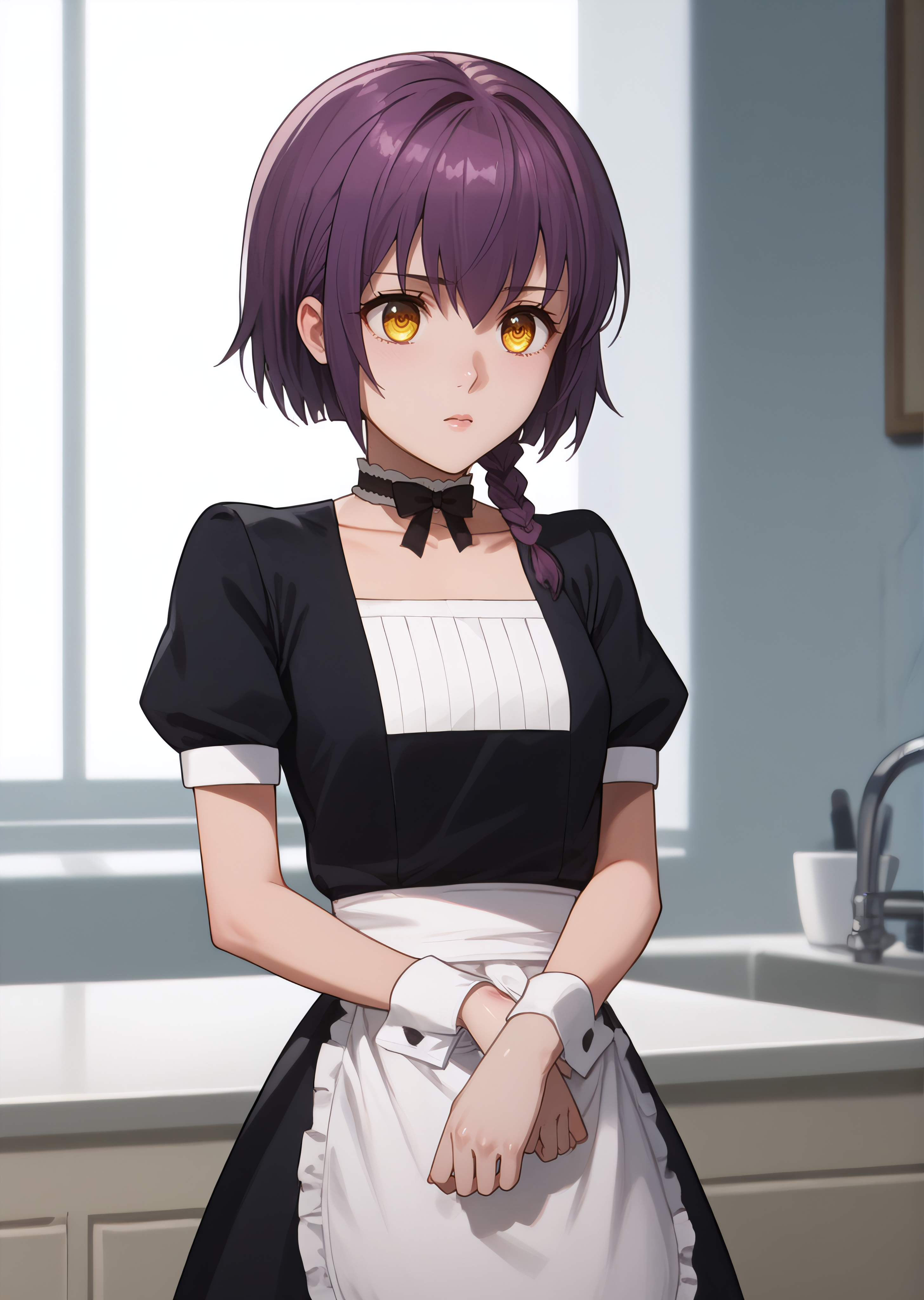 score_9, score_8_up, score_7_up, score_6_up,  rating_explicit, source_anime, cinematic shadow, cinematic light, cute and sensitive, soft skin,  characters focus, detailed eyes, detailed skins,   <lora:Sakurai_Minami:0.9>, minami, yellow eyes,purple hair, short hair,single braid,eyebrows visible through hair, bang,small breasts, standing,minamidress,maid,choker,black ribbon, neck ribbon,collarbone,puffy short sleeves,ribbon,white apron, waist apron, white bow, black dress,wrist cuffs,v arms,