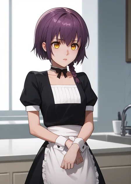 score_9, score_8_up, score_7_up, score_6_up, rating_explicit, source_anime, cinematic shadow, cinematic light, cute and sensitive, soft skin, characters focus, detailed eyes, detailed skins, <lora:Sakurai_Minami:0.9>, minami, yellow eyes,purple hair, short hair,single braid,eyebrows visible through hair, bang,small breasts, standing,minamidress,maid,choker,black ribbon, neck ribbon,collarbone,puffy short sleeves,ribbon,white apron, waist apron, white bow, black dress,wrist cuffs,v arms,