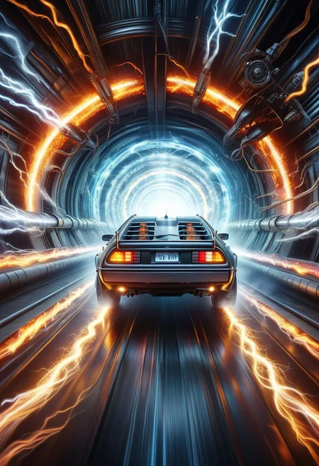 masterpiece, best quality, 4K, 8K, ultra detailed background, delicate pattern, complex detailed background, studio lighting, fantastic, 
ral-elctryzt, Back to the Future, car, time tunnel,