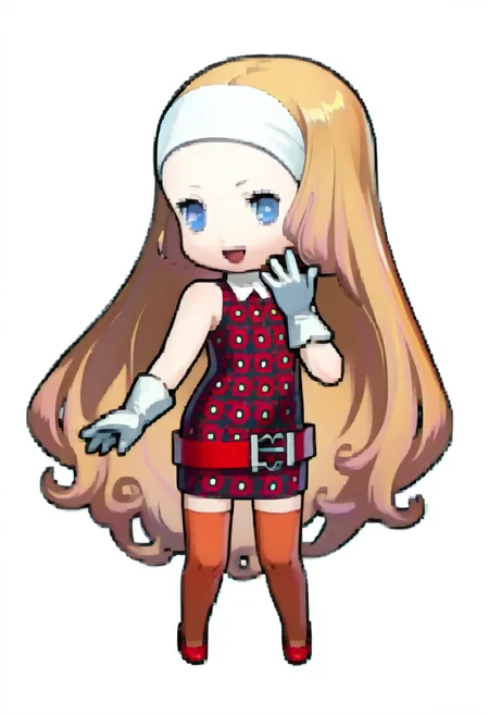 score_9, score_8_up, score_7_up, source_anime, 1girl, open mouth, smile, <lora:Feh-Sprites-pdxl_Fp:1> simple background, chibi, full body, <lora:JunahMR-pdxl:1> junahMR, long hair, streaked hair, white headband, print dress, red belt, single pauldron, sleeveless, white gloves, orange thighhighs, red high heels