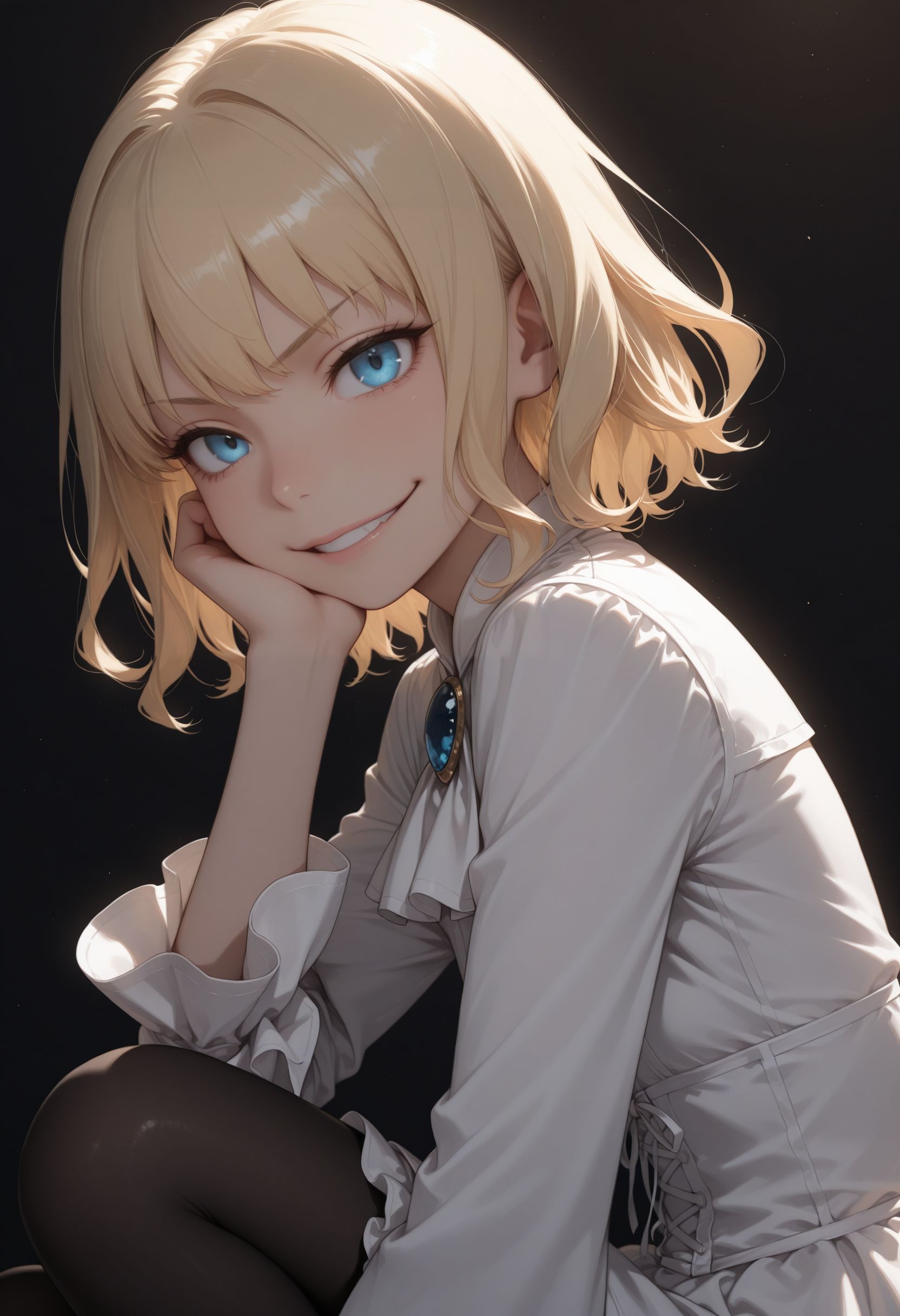 masterpiece,best quality,absurdres,highres,very aesthetic,high quality,detailed,insanely detailed,beautiful,perfect lighting, looking at viewer, 
 <lora:Leivinia Birdway illu:1> 1girl, blonde hair, blue eyes, short hair, white dress, ascot, frills, hair ornament, black pantyhose, long sleeves,  portrait, simple background, upper body,  from side, dark background,  evil smile,