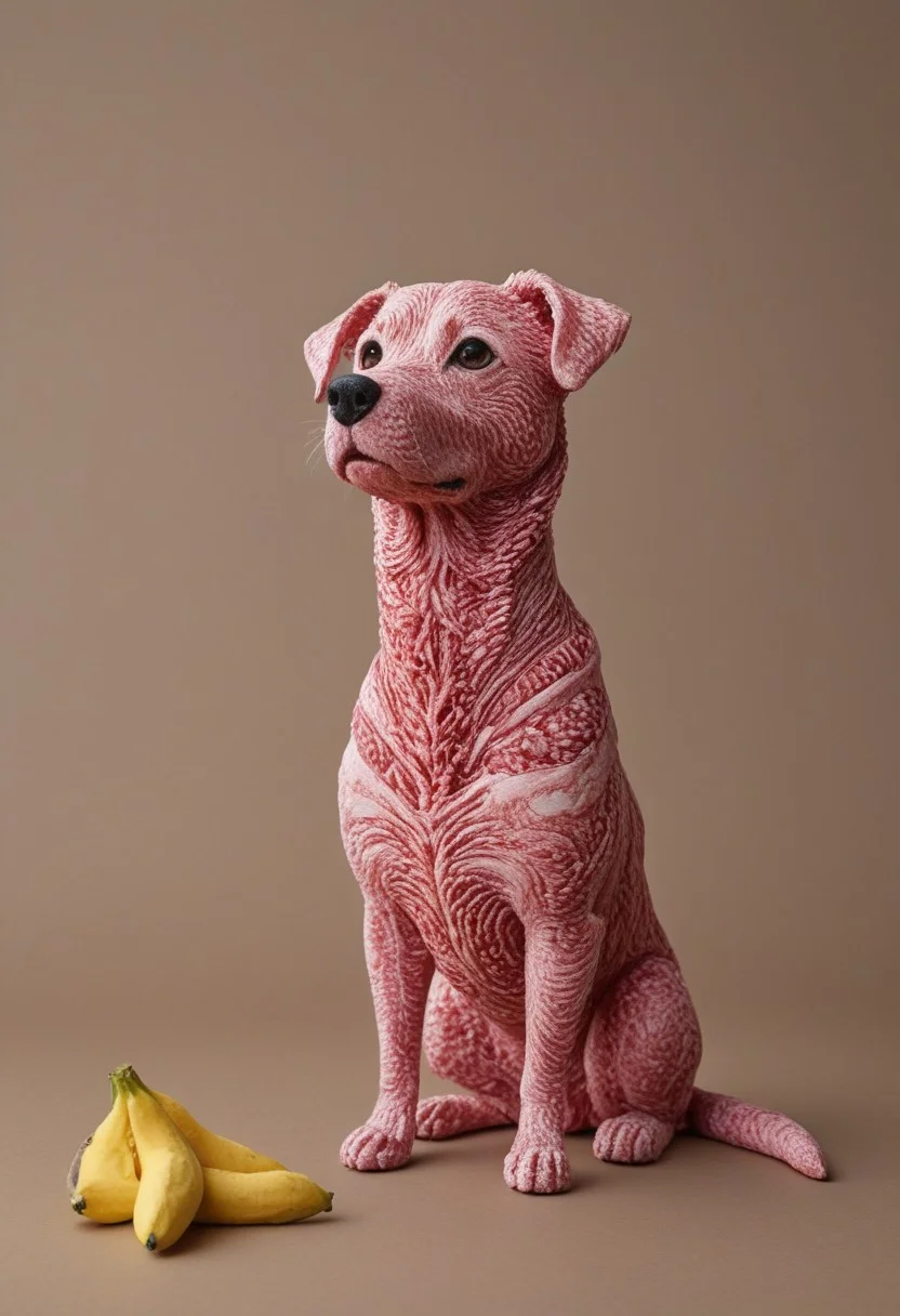 a cute chibby dog with big eyes made out of clay, he is eating a banana made of wagyu, very detailed, 4k, sharp, eating rainbow worms, novuschroma51 style