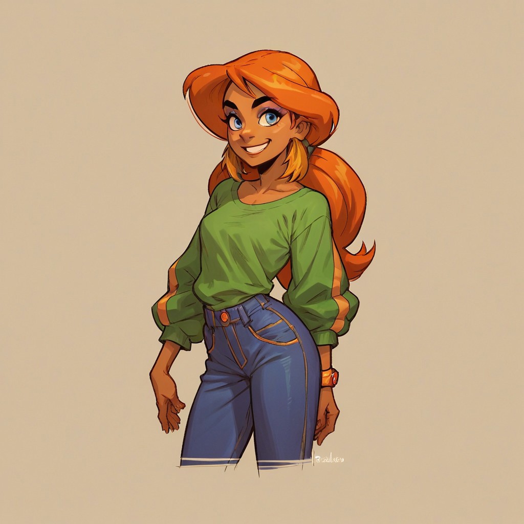 score_9, score_8_up, score_7_up, score_6_up, score_5_up, score_4_up, solo, PTAzalea,blue eyes,dark skin, makeup,long hair,orange hair,small smile