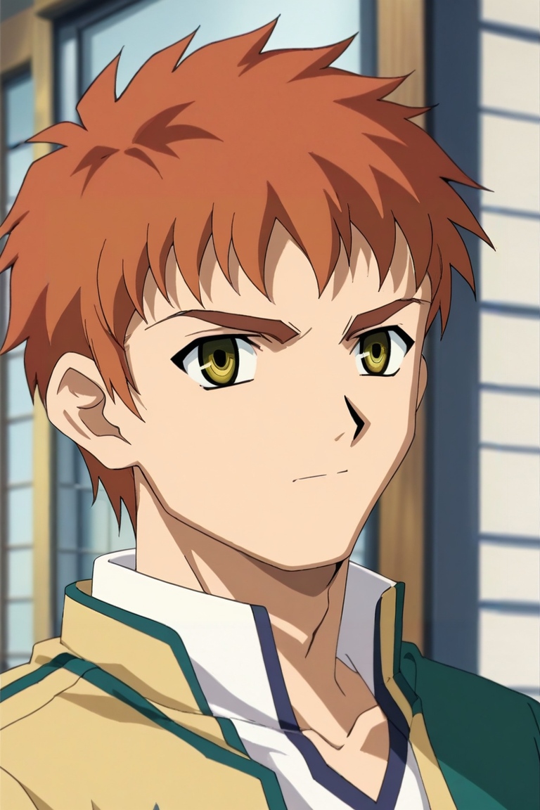 score_9, score_8_up, score_7_up, source_anime, anime screencap, rating_safe, intricate details, looking at viewer, depth of field, 1boy, emiya shirou, fate \(series\), orange hair, yellow eyes, solo, asymmetrical, corridor, dawn, the pose, :D, <lora:fsn_style_pony:1.04>, fsn_style, , <lora:sdxl_lightning_8step_lora:1>