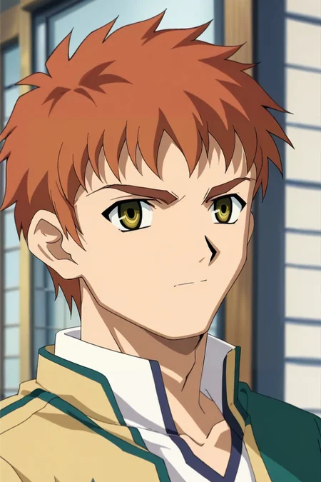 score_9, score_8_up, score_7_up, source_anime, anime screencap, rating_safe, intricate details, looking at viewer, depth of field, 1boy, emiya shirou, fate \(series\), orange hair, yellow eyes, solo, asymmetrical, corridor, dawn, the pose, :D, <lora:fsn_style_pony:1.04>, fsn_style, , <lora:sdxl_lightning_8step_lora:1>