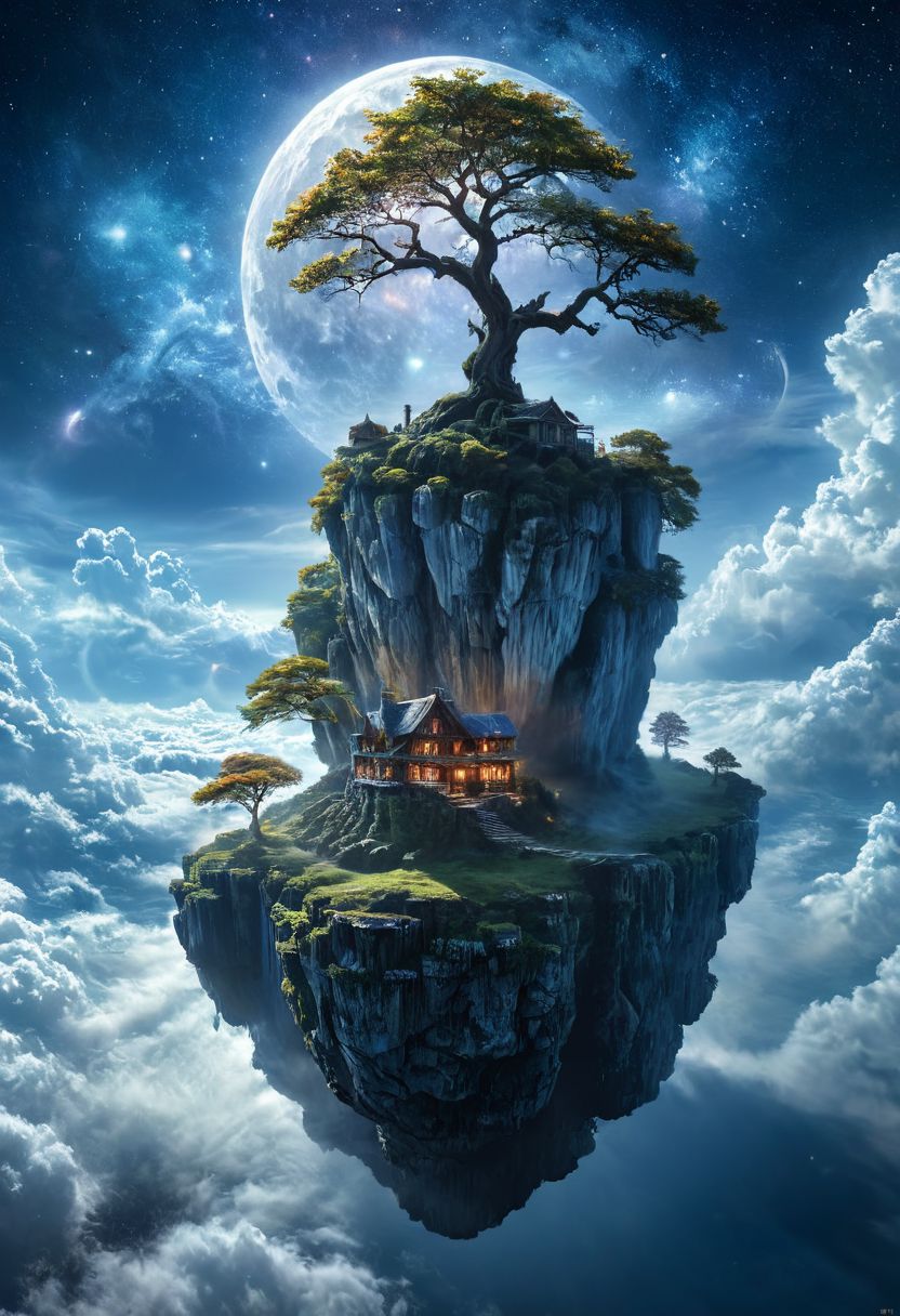A stunning, hyper-realistic fantasy scene featuring a floating island situated above the clouds. The island hosts a quaint, rustic cottage and a towering ancient tree, their intricate details meticulously rendered. A cascading waterfall flows gracefully from the island, disappearing into the clouds below. The night sky above is ablaze with vibrant colors, stars twinkling against a backdrop of auroras and nebulae, enhancing the ethereal quality of the scene. The environment exudes a magical, dreamlike ambiance, making it feel like a paradise straight out of a fairytale. Fantasy, magical, hyper-realistic, detailed, vibrant, serene, ethereal, dreamlike, mystical, breathtaking. milky way, aurora,
<lora:ral-mtclniscp-sdxl:0.7> ral-mtclniscp,
<lora:add-detail-xl:1.0>,
<lora:EnvyBetterHiresFixXL01:1.0>,
<lora:extremely_detailed:1.0>, extremely detailed,
<lora:EldritchMixIllustration_1.1:0.5>,
<lora:zavy-cntrst-sdxl:0.75> dark, chiaroscuro, low-key,
<lora:xl_floating:0.85> floating island, surreal,