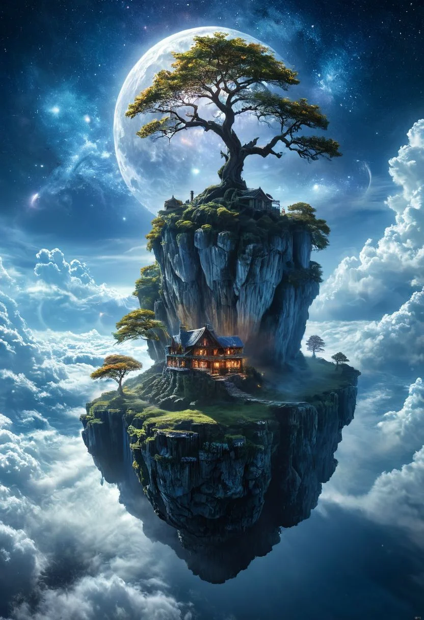 A stunning, hyper-realistic fantasy scene featuring a floating island situated above the clouds. The island hosts a quaint, rustic cottage and a towering ancient tree, their intricate details meticulously rendered. A cascading waterfall flows gracefully from the island, disappearing into the clouds below. The night sky above is ablaze with vibrant colors, stars twinkling against a backdrop of auroras and nebulae, enhancing the ethereal quality of the scene. The environment exudes a magical, dreamlike ambiance, making it feel like a paradise straight out of a fairytale. Fantasy, magical, hyper-realistic, detailed, vibrant, serene, ethereal, dreamlike, mystical, breathtaking. milky way, aurora,
<lora:ral-mtclniscp-sdxl:0.7> ral-mtclniscp,
<lora:add-detail-xl:1.0>,
<lora:EnvyBetterHiresFixXL01:1.0>,
<lora:extremely_detailed:1.0>, extremely detailed,
<lora:EldritchMixIllustration_1.1:0.5>,
<lora:zavy-cntrst-sdxl:0.75> dark, chiaroscuro, low-key,
<lora:xl_floating:0.85> floating island, surreal,