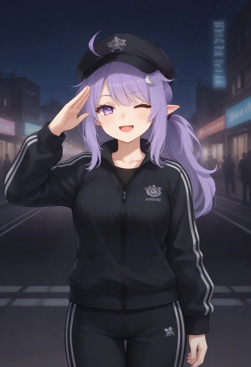 SleepyProject, track pants, track jacket, track suit, purple eyes, purple hair, ponytail, pointy ears, baseball cap, black jacket, black pants, ahoge, long sleeves,
looking at viewer, hand up, salute, open mouth, smile, one eye closed,
street, lamppost, city, neon lights, dark, night, night sky,
1girl, solo, solo focus, highres, absurdres, light particles, backlighting, shade, lens flare, shiny skin, fine fabric emphasis,