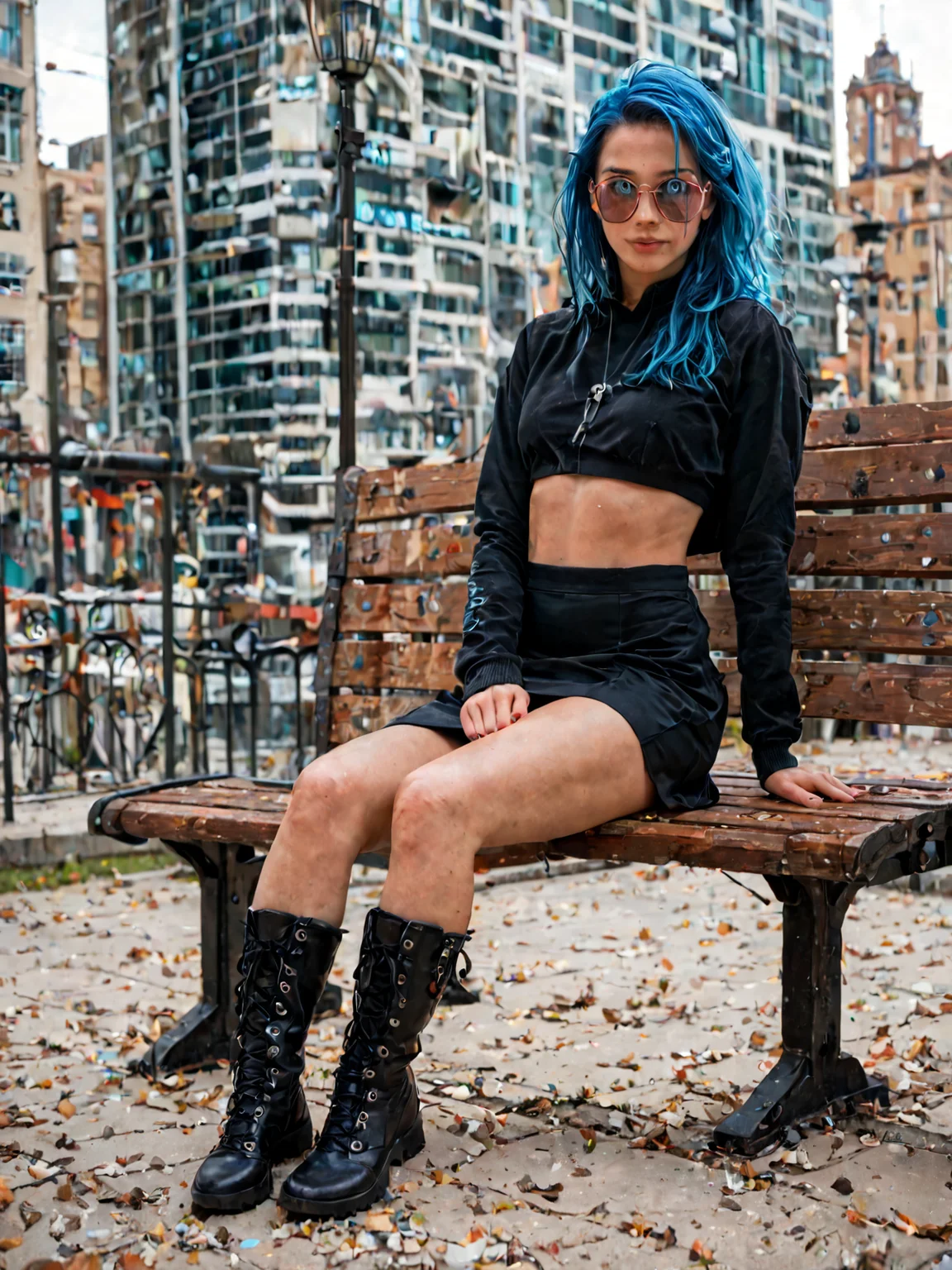 score_9, score_8_up, score_7_up, PDXL, <lora:sc3n3ryXLP:0.5>, <lora:TechwearV1:0.75> , techwear, dark clothing, full body,
1girl, european, cute face, detailed eyes, short glowing blue hair, knee high black boots, black skirt, sitting on a iron bench BREAK on top of a building, city in the background, wide shot, wide field of view