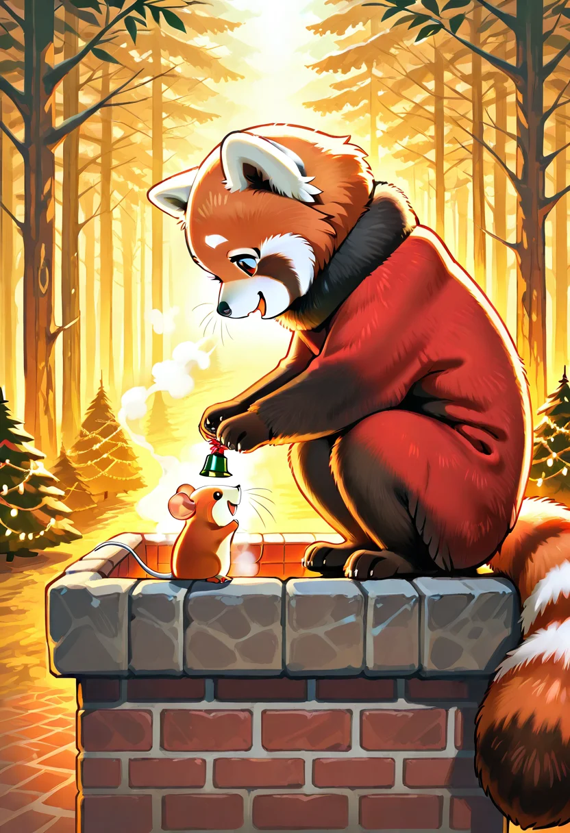 Animal Christmas, masterpiece, best quality, A red panda dressed as Santa climbing down a chimney into a cozy cottage filled with other forest animals. Inside, a Christmas feast awaits, complete with steaming hot chocolate and a tiny mouse choir singing carols.