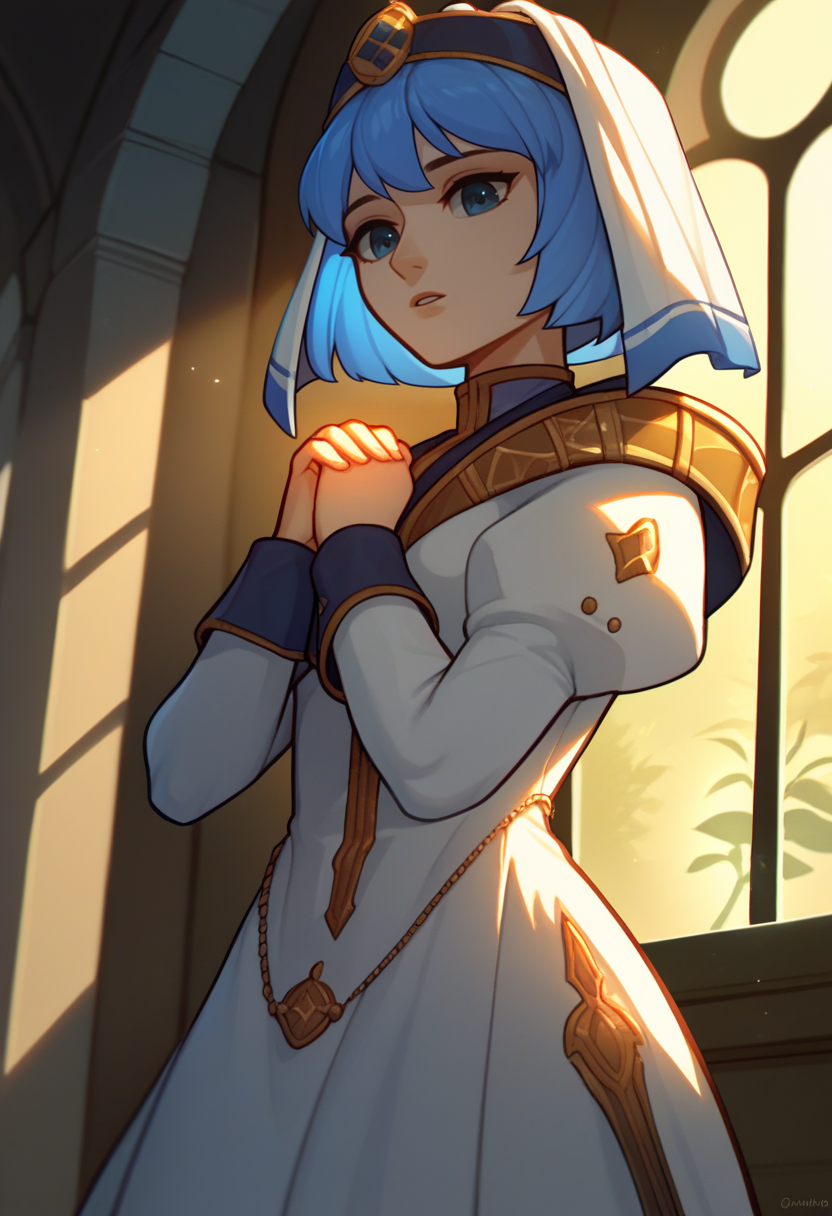score_9, score_8_up, score_7_up, source_anime BREAK 1girl, solo, <lora:silque-fe-richy-v1_pdxl:1> silquedef, blue hair, short hair, blue eyes, veil, dress, parted lips, looking at viewer, own hands together, palms together, praying, looking down, fantasy, from below, backlighting, caustics, indoors, sunbeam, dappled sunlight, window shade, long sleeves