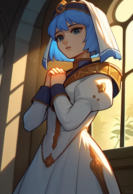score_9, score_8_up, score_7_up, source_anime BREAK 1girl, solo, <lora:silque-fe-richy-v1_pdxl:1> silquedef, blue hair, short hair, blue eyes, veil, dress, parted lips, looking at viewer, own hands together, palms together, praying, looking down, fantasy, from below, backlighting, caustics, indoors, sunbeam, dappled sunlight, window shade, long sleeves