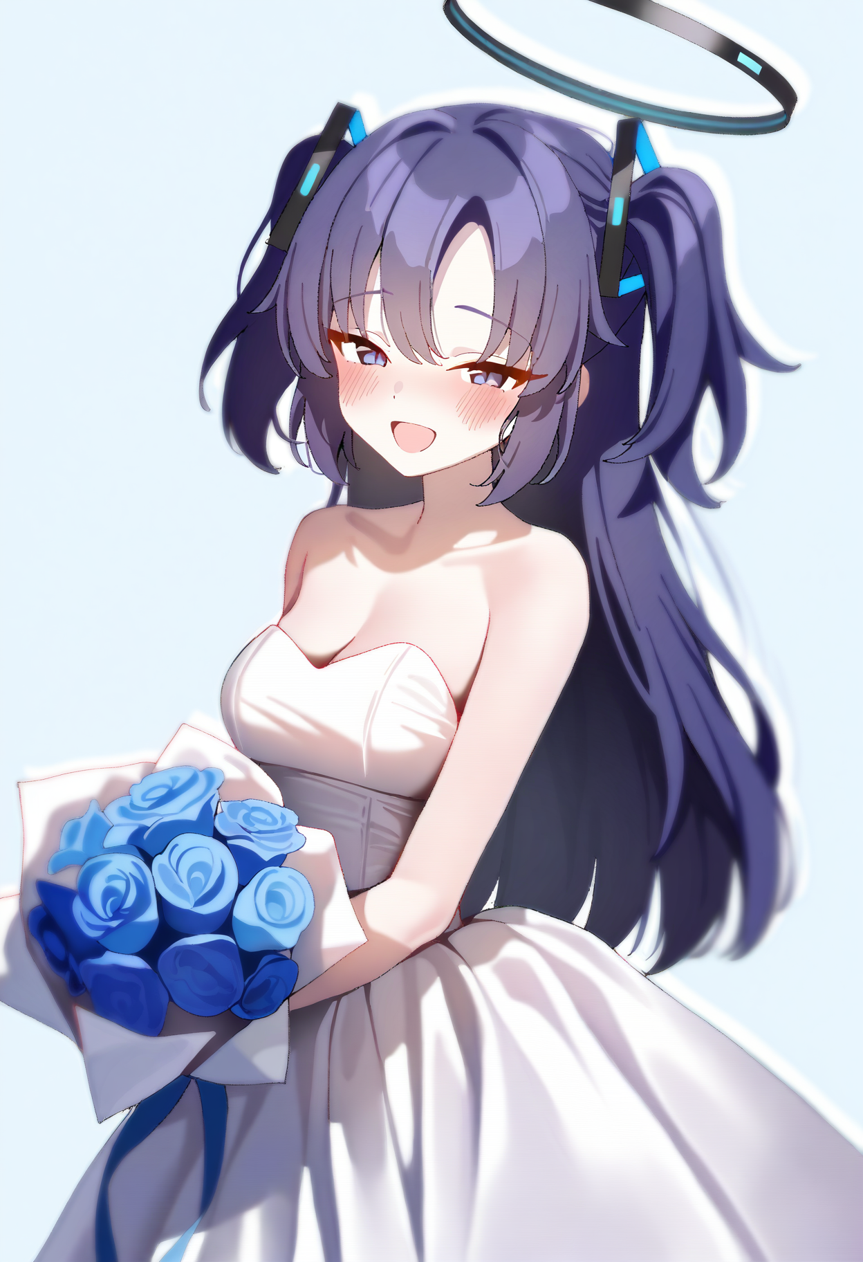 1girl,yuuka \(blue archive\),<lora:mx2j style locon:1>,mx2j style,alternate costume,wedding dress,looking at viewer,narrowed eyes,:d,blush,holding bouquet,upper body,masterpiece,best quality,very aesthetic,highres,absurdres,simple background,