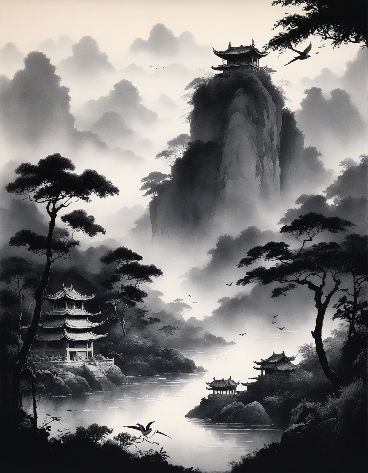 Chinese Ink Wash: (simplified brushstrokes), (monochrome gradients), (negative space), (traditional "Gou, Cun, Dian, Ran" techniques) :cite[7],
living concrete ruins that bleed mercury at dawn,
Amazon rainforest canopy at golden hour, 
Derecho storm flattening forests,
Pileus caps on growing cumulus,
High noon with harsh shadows,
Vernal equinox bird migrations,
 <lora:add-detail-xl:0.7>,
 <lora:DetailMaximizer:0.3>,
 <lora:brho:0.15> brho, 
<lora:Deep_depth_of_field:0.3>,
 <lora:extremely_detailed:0.8> extremely detailed,