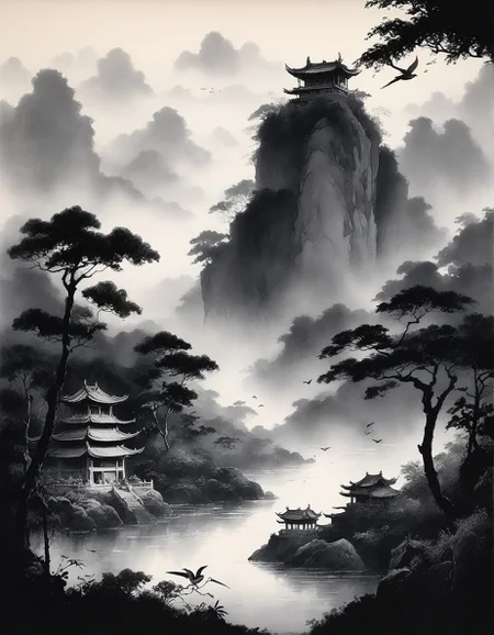 Chinese Ink Wash: (simplified brushstrokes), (monochrome gradients), (negative space), (traditional "Gou, Cun, Dian, Ran" techniques) :cite[7],
living concrete ruins that bleed mercury at dawn,
Amazon rainforest canopy at golden hour, 
Derecho storm flattening forests,
Pileus caps on growing cumulus,
High noon with harsh shadows,
Vernal equinox bird migrations,
 <lora:add-detail-xl:0.7>,
 <lora:DetailMaximizer:0.3>,
 <lora:brho:0.15> brho, 
<lora:Deep_depth_of_field:0.3>,
 <lora:extremely_detailed:0.8> extremely detailed,