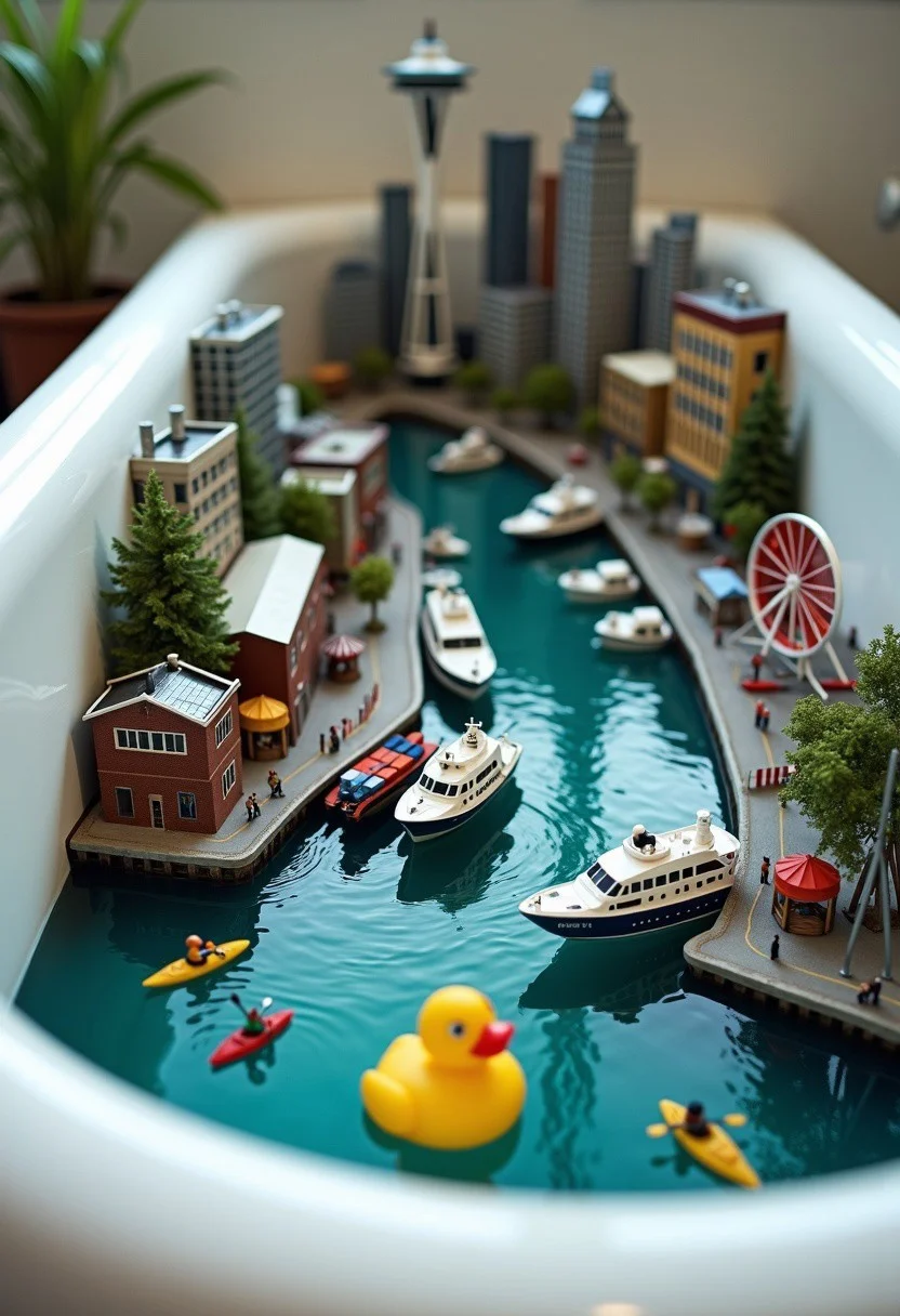 A realistic, zoomed-out photo of the Seattle harbor scene, but instead of being set in its actual Puget Sound location, the entire harbor is situated in a bathtub, giving the impression of a detailed miniature model. The harbor is complete with tiny versions of Seattle's iconic features: the Space Needle in the background, ferry boats crossing the miniature Elliott Bay, container ships at the Port of Seattle, and the distinctive Seattle Great Wheel on the waterfront.
The scene includes scaled-down versions of Pike Place Market, the Seattle Aquarium, and the city's recognizable skyline with buildings like Columbia Center and Smith Tower. Tiny cruise ships are docked at the miniature Pier 66, while diminutive kayakers paddle near Alki Beach.
The water in the tub mimics the appearance of Puget Sound, with gentle ripples around the miniature vessels and a hint of the actual green-blue color of Seattle's waters. The white porcelain of the bathtub contrasts sharply with the intricate, realistic details of the harbor and cityscape.
Surrounding the bathtub are everyday bathroom items, subtly visible in the background, reinforcing the surreal setting of this miniature world. A rubber duck floats near 'West Seattle', adding a whimsical touch to the scene and emphasizing the bathtub setting.