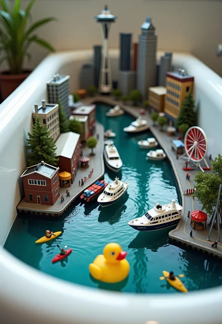 A realistic, zoomed-out photo of the Seattle harbor scene, but instead of being set in its actual Puget Sound location, the entire harbor is situated in a bathtub, giving the impression of a detailed miniature model. The harbor is complete with tiny versions of Seattle's iconic features: the Space Needle in the background, ferry boats crossing the miniature Elliott Bay, container ships at the Port of Seattle, and the distinctive Seattle Great Wheel on the waterfront.
The scene includes scaled-down versions of Pike Place Market, the Seattle Aquarium, and the city's recognizable skyline with buildings like Columbia Center and Smith Tower. Tiny cruise ships are docked at the miniature Pier 66, while diminutive kayakers paddle near Alki Beach.
The water in the tub mimics the appearance of Puget Sound, with gentle ripples around the miniature vessels and a hint of the actual green-blue color of Seattle's waters. The white porcelain of the bathtub contrasts sharply with the intricate, realistic details of the harbor and cityscape.
Surrounding the bathtub are everyday bathroom items, subtly visible in the background, reinforcing the surreal setting of this miniature world. A rubber duck floats near 'West Seattle', adding a whimsical touch to the scene and emphasizing the bathtub setting.