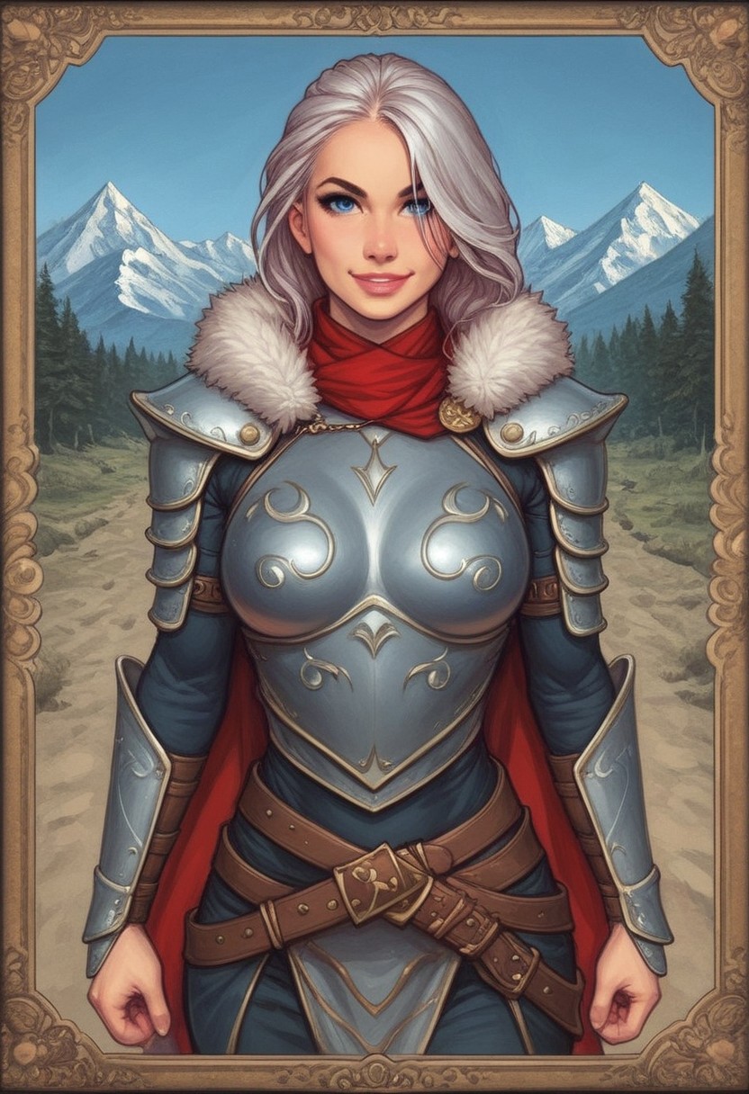 1girl, ((front view))), looking at viewer, highly detailed, from front, 1girl, looking at viewer, highly detailed, skinny, looking at viewer, 1girl, masterpiece, best quality,
raw, movie poster, masterpiece, extremely detailed, hyperrealism, photo, perfect anatomy, magnificent young warrior princess, full body, dramatic lighting, shadow play, romantic, heroism, epic, determination, proud, eternal beauty, detailed face, very long hair, very dark brown hair, beautiful blue eyes, battlefield background, massive plate armor, masculine body, muscular, heavy arms armor, red cape, fur collar, sword, BREAK
slight smile, looking at viewer, fur coat, dynamic pose,
BREAK 
long hair, silver hair, hair over one eye, blue eye, big hair, dynamic pose
BREAK 
best quality, depth of field, bokeh, (((full clothed))),  ((ready to fight, holdind big sword in hands, big two-handed sword in hands)), highlander
BREAK 
(((((snow, stones,  mountains))))) score_9, score_8_up, score_7_up, score_6_up, source_cartoon, rating_explicit, Expressiveh, (((((upper body))))), dynamic pose