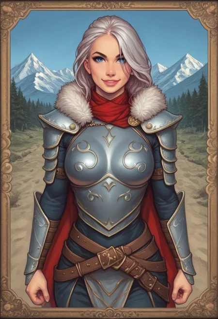 1girl, ((front view))), looking at viewer, highly detailed, from front, 1girl, looking at viewer, highly detailed, skinny, looking at viewer, 1girl, masterpiece, best quality,
raw, movie poster, masterpiece, extremely detailed, hyperrealism, photo, perfect anatomy, magnificent young warrior princess, full body, dramatic lighting, shadow play, romantic, heroism, epic, determination, proud, eternal beauty, detailed face, very long hair, very dark brown hair, beautiful blue eyes, battlefield background, massive plate armor, masculine body, muscular, heavy arms armor, red cape, fur collar, sword, BREAK
slight smile, looking at viewer, fur coat, dynamic pose,
BREAK
long hair, silver hair, hair over one eye, blue eye, big hair, dynamic pose
BREAK
best quality, depth of field, bokeh, (((full clothed))), ((ready to fight, holdind big sword in hands, big two-handed sword in hands)), highlander
BREAK
(((((snow, stones, mountains))))) score_9, score_8_up, score_7_up, score_6_up, source_cartoon, rating_explicit, Expressiveh, (((((upper body))))), dynamic pose