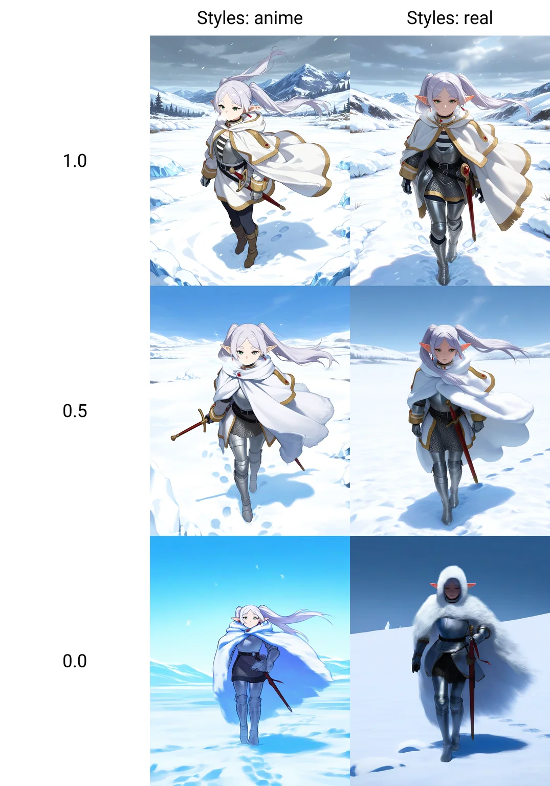 masterpiece, best quality, amazing quality, [from side::3], 1girl, knight, hair, eyes, full plate armor, heavy fur cloak, pauldrons, breastplate, gauntlets, greaves, cuisses, faulds, chainmail, sheathed, hood, frieren, sousou no frieren, outdoors, walking, (snowy mountain pass:1.0), harsh blizzard, strong wind, snow-covered rocks, ice crystals in air, deep snow, (footprints in snow:0.9), frozen breath, misty background, overcast sky, (dark shadows:0.7), (high contrast:0.7), dynamic pose, straight on, from above
 <lora:Illuminated_Path:1.0>, masterpiece,best quality,highres,very aesthetic,newest, illustration,anime,2.5D,2D