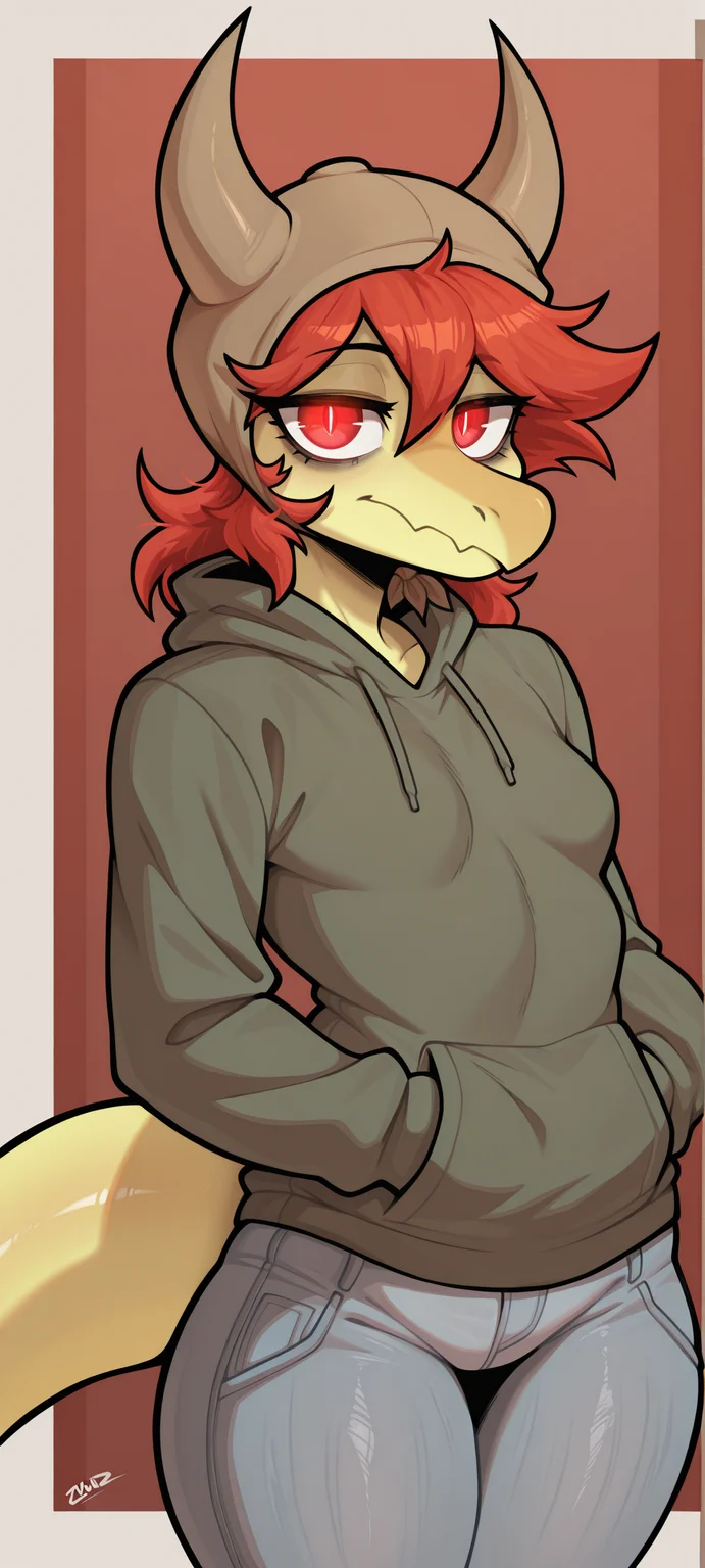 solo, 1girl, anthro, schizo chan, yellow skin, red hair, red eyes, small breasts, tail, brown headcap, fake horns, green hoodie, jeans, looking at viewer, masterpiece, best quality, amazing quality, <lora:E621_Ultimate_Favorites_Mix_Illustrious:1> <lora:Schizo_Chan_Snoot_Game_LoRA_For_Illustrious:1>