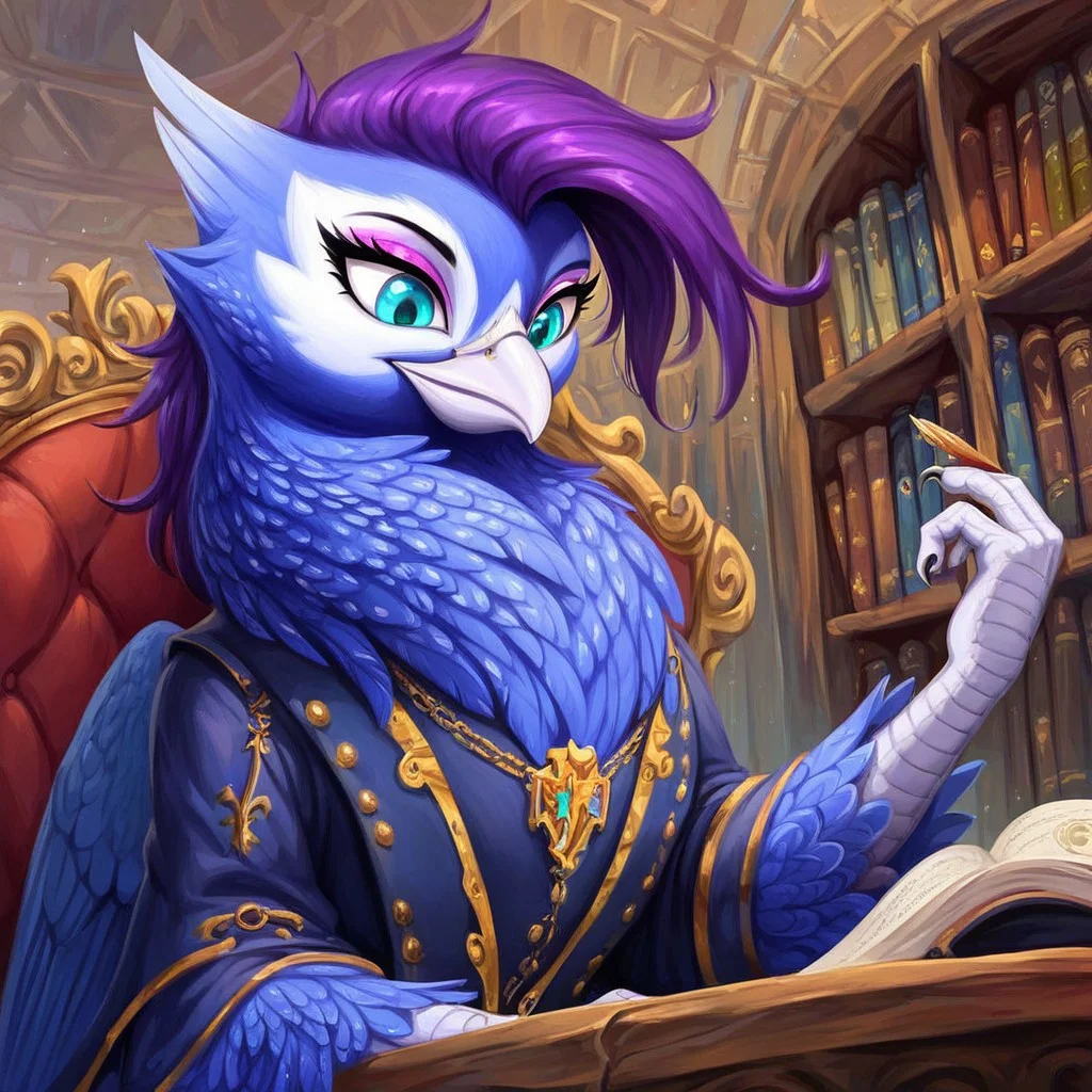 masterpiece, score_9_up, score_8_up, score_7_up, score_6_up, (best quality:1.1), ultra-detailed, high resolution, solo, Anna de Indigo, griffon, avian, female, indigo purple mane, (beautiful detailed turquoise eyes), long eyelashes, eyeshadow, white beak, (blue indigo feathers), royal clothes, black indoors, medieval, home, wooden table, rich decor, sitting, leaning on table, bookshelf, throne, books, inkwell, three quarter view, looking down, detailed facial features, expressiveh, highly visible, sharp focus, anatomically correct, detailed background