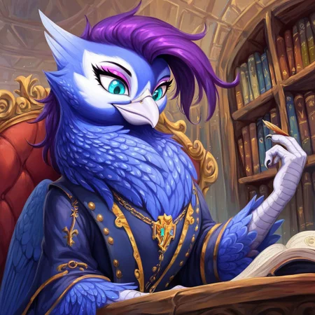 masterpiece, score_9_up, score_8_up, score_7_up, score_6_up, (best quality:1.1), ultra-detailed, high resolution, solo, Anna de Indigo, griffon, avian, female, indigo purple mane, (beautiful detailed turquoise eyes), long eyelashes, eyeshadow, white beak, (blue indigo feathers), royal clothes, black indoors, medieval, home, wooden table, rich decor, sitting, leaning on table, bookshelf, throne, books, inkwell, three quarter view, looking down, detailed facial features, expressiveh, highly visible, sharp focus, anatomically correct, detailed background