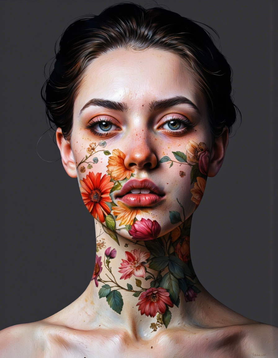 By Laura H. Rubin. A highly detailed digital painting depicting a close-up portrait of a woman. The subject has fair skin with a natural, lightly freckled complexion. Her eyes are a striking light blue, framed by thick, dark eyebrows. Her lips are full and painted with a bright red lipstick. The woman's hair is dark brown, styled in loose, slightly tousled waves.
The most striking aspect of the image is the use of floral elements as a mask, covering her face and neck. The flowers are rendered in vivid, realistic detail, with petals in shades of red, orange, and pink, and leaves in various greens. The flowers appear to be partially transparent, allowing a glimpse of the woman's skin and hair underneath.
The background is a solid dark gray, which contrasts sharply with the bright colors of the flowers, making them stand out. The lighting in the picture is soft and even, casting a gentle glow on the subject's face and the flowers, highlighting their texture and depth. The overall style of the painting is realistic with a touch of hyperrealism, focusing on minute details and textures, making it appear almost three-dimensional. <lora:Laura_H._Rubin:0.8>